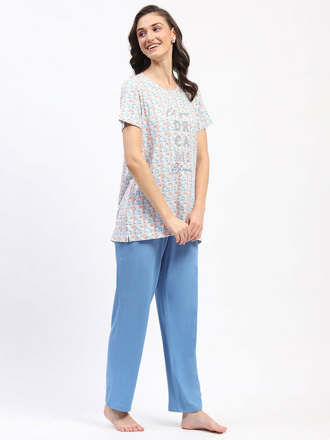 mSECRET Embellished Floral Typography Printed Blue Night Suit