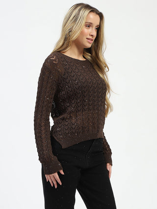 Madame Shimmer Detailed Crochet Crew Neck Knitted Coffee Brown Top