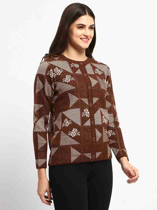 Madame Crew Neck Geometric Print Brown Cardigan