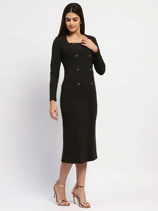 Madame Olive Green Double-Breasted Detailing Long Dress
