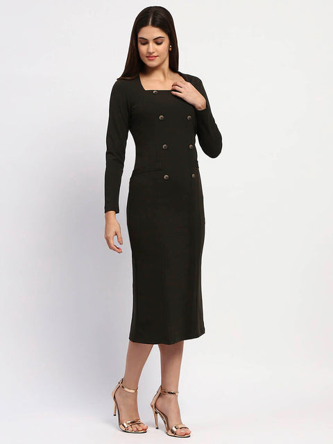 Madame Olive Green Double-Breasted Detailing Long Dress