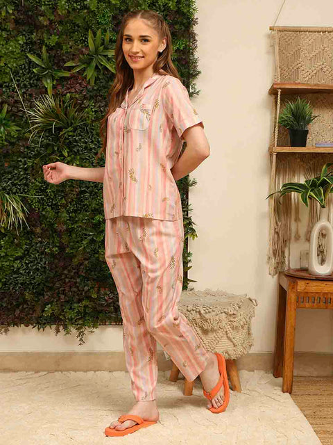 mSECRET Rayon Striped and Bottom Peach Night Suit