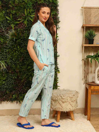 mSECRET Rayon Striped Top and Bottom Aqua Blue Night Suit