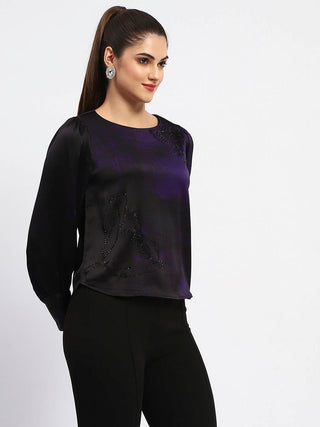 Madame Boat Neck Cuff Sleeve Abstract Print Black Top