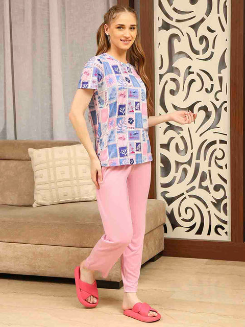 mSECRET Botanical Print Top and Solid Bottoms Pink Night Suit