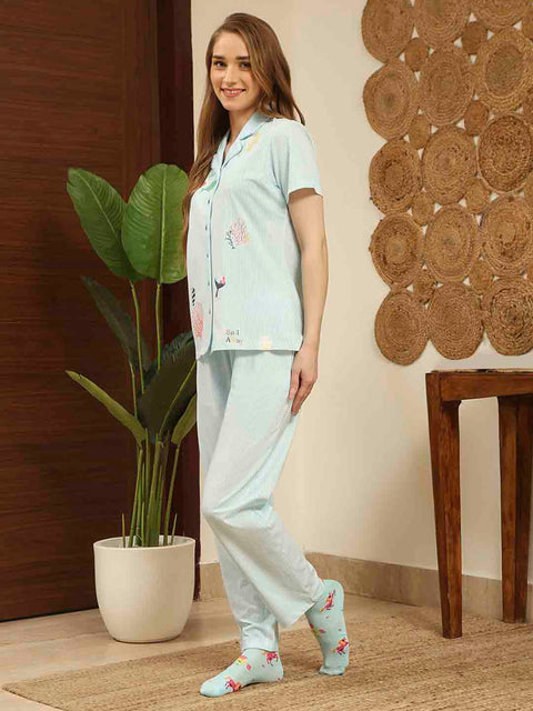 mSECRET Notch Collar Top and Bottoms Turquoise Cotton Night Suit