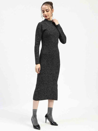 Madame Black Textured Bodycon Dress with Long Sleeves Sweater