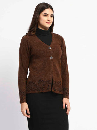Madame Cable Knit Botanical Print Buttoned Brown Cardigan