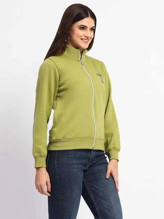 Madame Typography Print Zipped Olive Green Sweatshirt