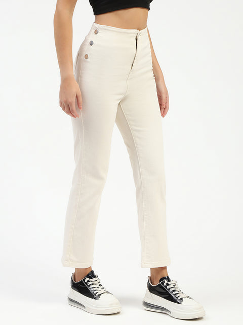 Madame Cotton Button Detailed Ivory Flared Denim