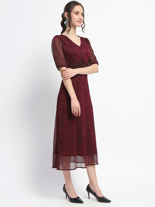 Madame Shimmery Corset Detailed Puff Sleeved Plum Midi Dress