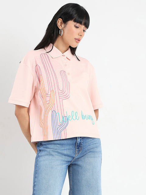Madame Graphic Print Cotton Blend Peach Polo T-shirt