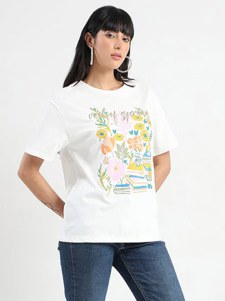 Madame Embroidered and Printed White Cotton T-shirt