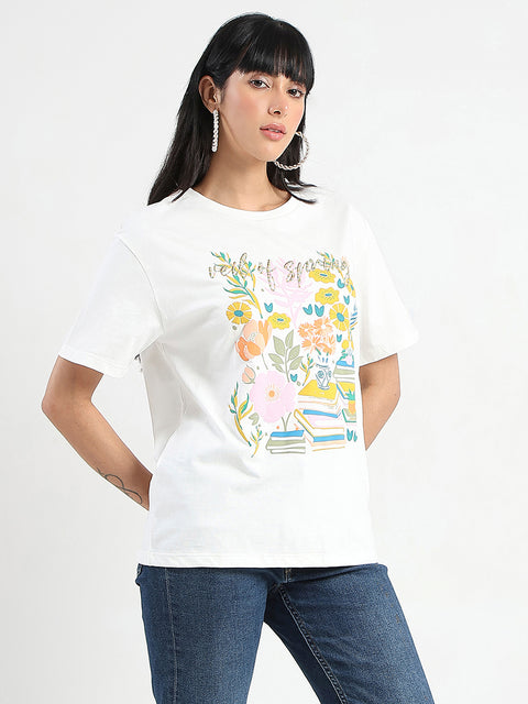 Madame Embroidered and Printed White Cotton T-shirt