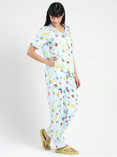 mSECRET Graphic Print Chequered Top and Bottoms Blue Nightsuit