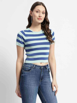 Madame Crew Neck Blue Striped Half Sleeve Crop Top