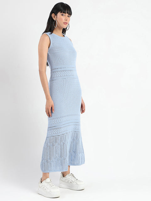 Madame Textured Panels Geometric Hem Sky Blue Maxi Dress