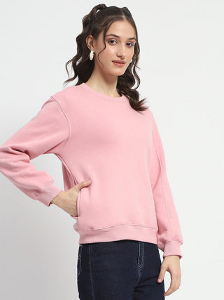 Madame Solid Light Pink Crew Neck Cotton Sweatshirt