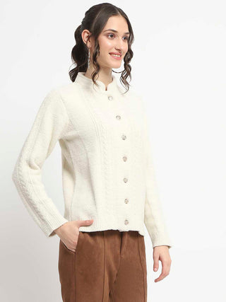 Madame Button Down Cable Knit Solid Beige Cardigan