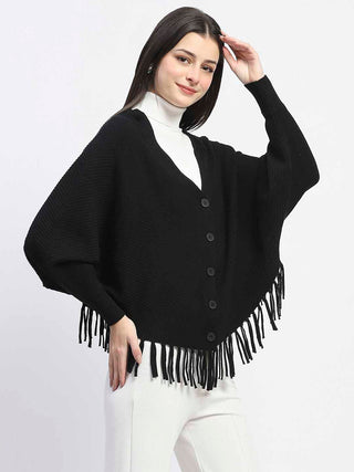 Madame Fringe Detailed Buttoned Solid Black Sweater