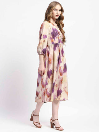 Madame Empire Waist Floral Print Beige Cotton Midi Dress