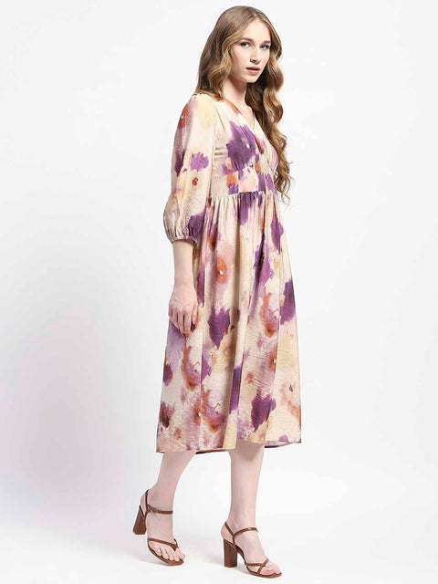 Madame Empire Waist Floral Print Beige Cotton Midi Dress