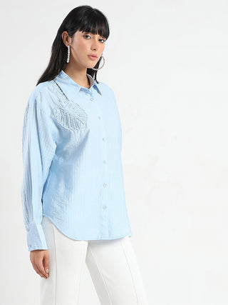 Madame Botanical Embroidery Blue Rayon Blend Shirt