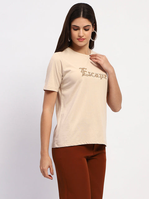 Madame Typography Print Crew Neck Cotton Beige Top