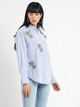 Madame Striped with Placement Embroidery Blue Cotton Shirt