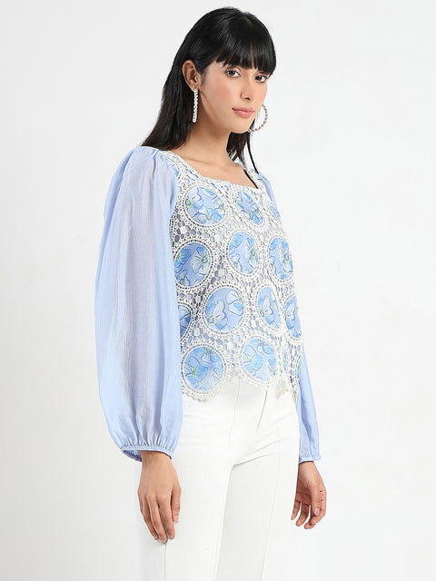 Madame Printed Powder Blue Tencel Blend Crochet Top