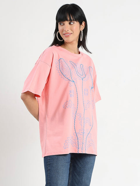 Madame Floral Print Oversize Fit  Peach Cotton T-shirt