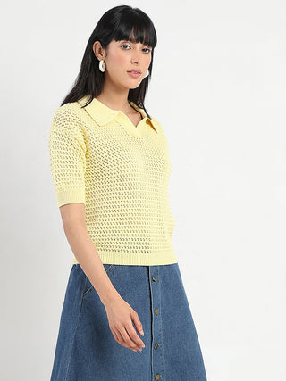 Madame Semi Sheer Yellow Cotton Knitted Top