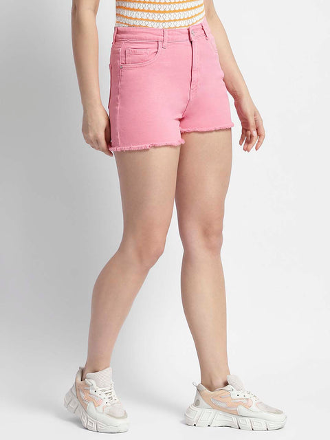 Madame Pink Mid Rise Raw Hem Shorts