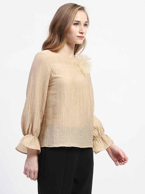 Madame 3D Flower Detailed Round Neck Solid Beige Top
