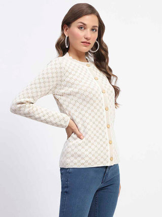 Madame Offwhite Printed Buttoned Cardigan