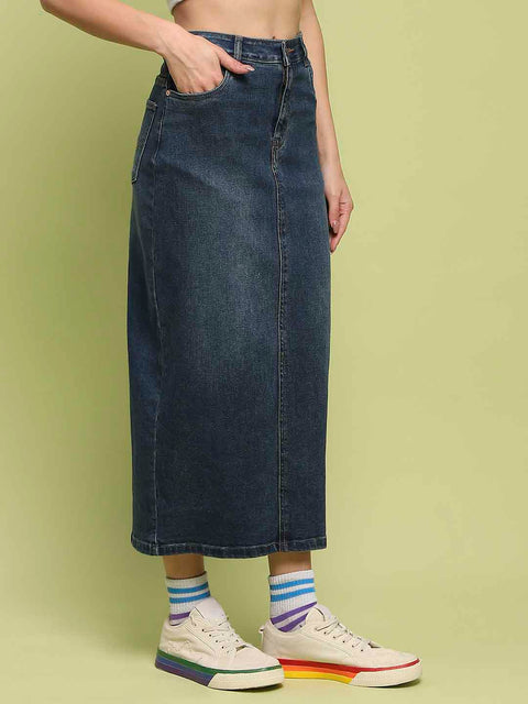 Madame Dark Blue Whiskered Cotton Midi Denim Skirt