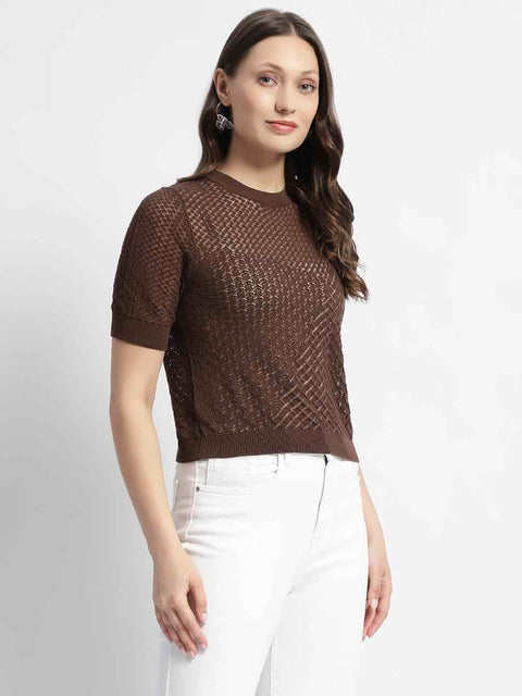 Madame Crew Neck Brown Knit Top