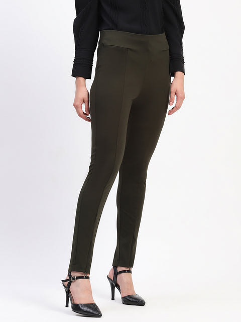 Madame Pleated Solid Olive Straight Trousers