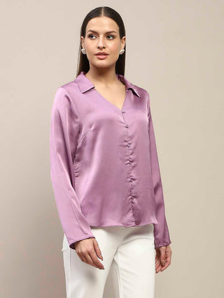 Madame Satin Bell Sleeve Collared Solid Lilac Top