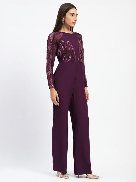 Madame Plum Embellished Mesh Wine Jumpsuit with Long Sleeves
