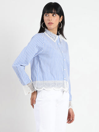 Madame Lace Detailed Cotton Blend Striped Blue Shirt
