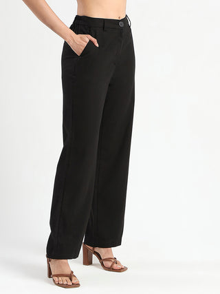 Madame Solid Black Wide Leg Rayon Blend Trousers