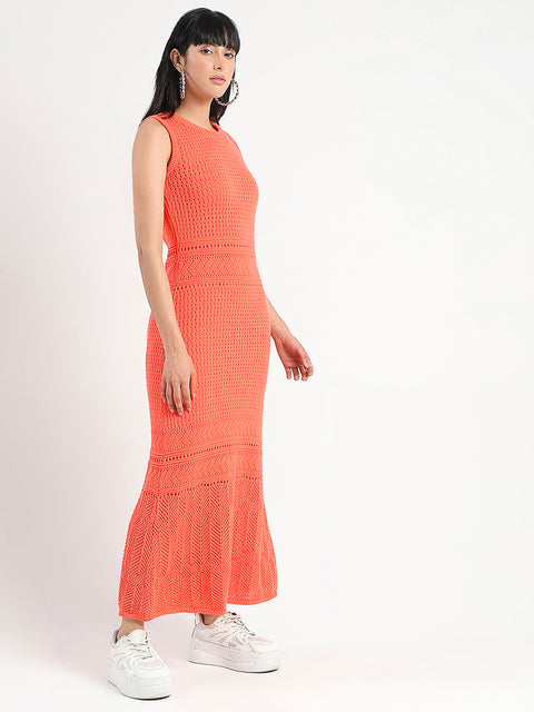 Madame Textured Panels Geometric Hem Coral Red Maxi Dress