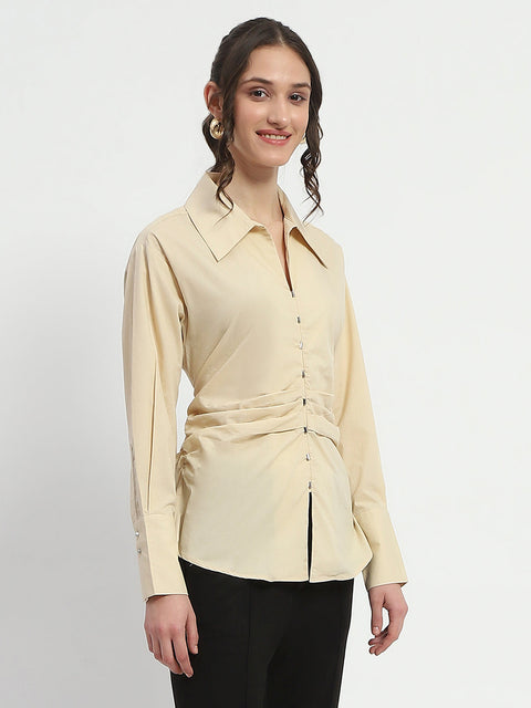 Madame Ruched Waist Wing Necked Solid Beige Cotton Shirt