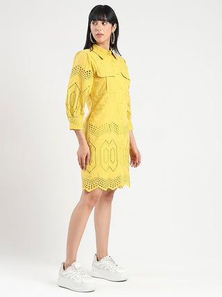 Madame Schiffli Mustard Yellow Midi Shirt Dress - Main Image