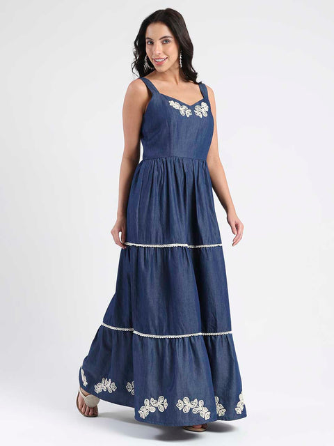 Madame Embroidered Tiered Hem Denim Maxi Dress