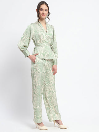 Madame Botanical Print Wrap Top and Bottom Beige Ensemble