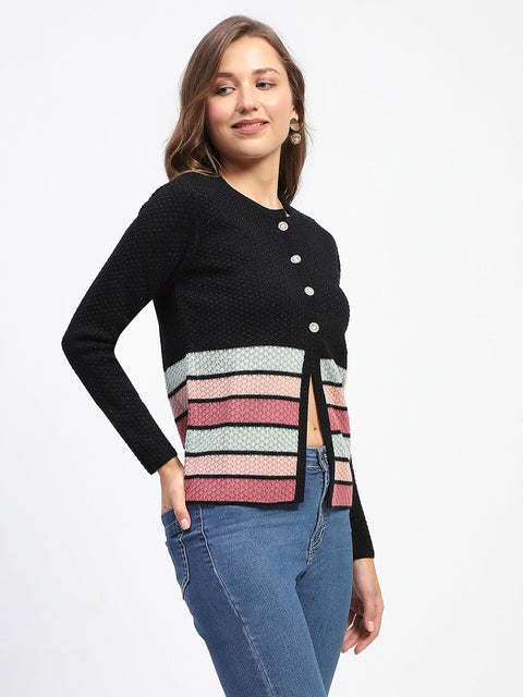 Madame Black Striped Buttoned Cardigan