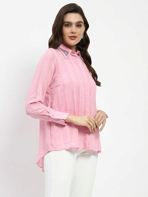 Madame Embroided Collar Pink Shirt