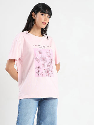 Madame Graphic Foil Print Handwork Detail Pink Cotton T-shirt